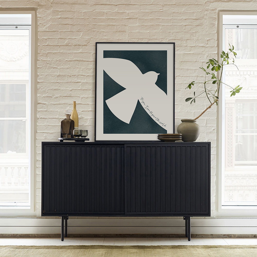 navy and white minimalist bird art print by lyrical artworks